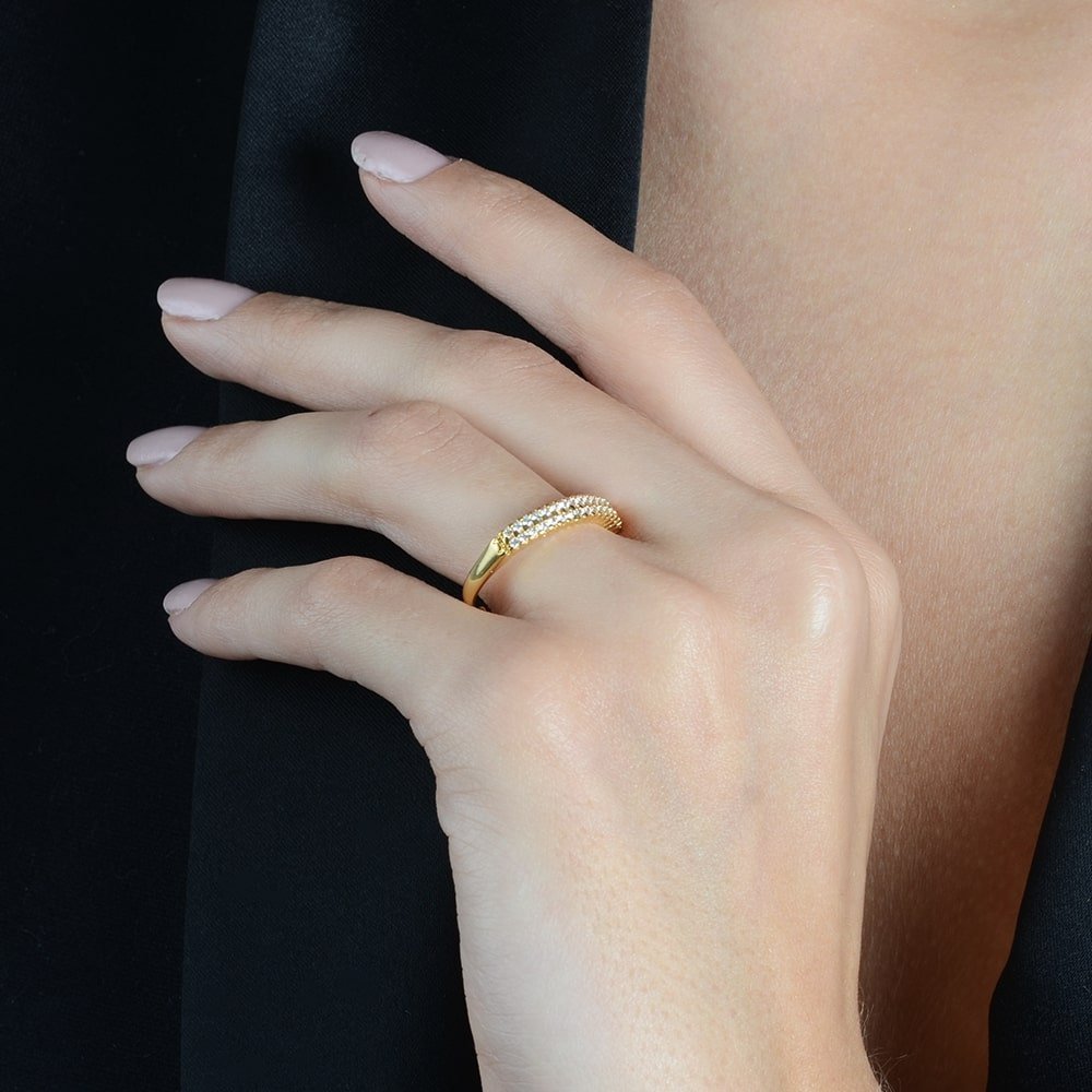 Anel Aparador de Aliança Duplo Cravejado de Zircônia Banhado a Ouro18k