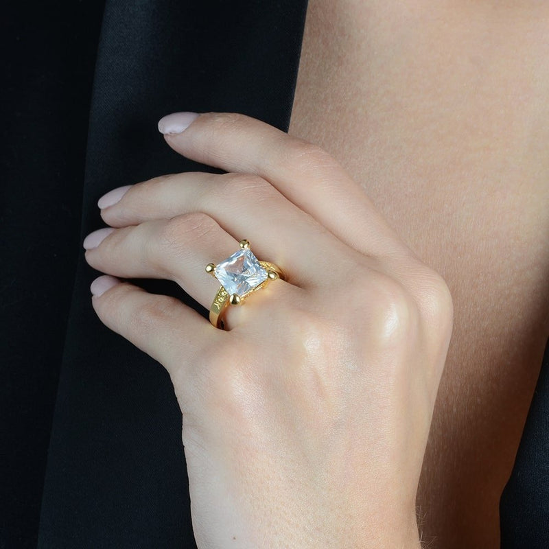 Anel Solitário Luxo Zircônia Quadrada Banhado a Ouro18k